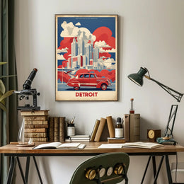 Detroit Skyline Retro Car Urban Cityscape Poster PosterGoat