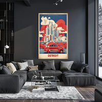 Detroit Skyline Retro Car Urban Cityscape Poster PosterGoat