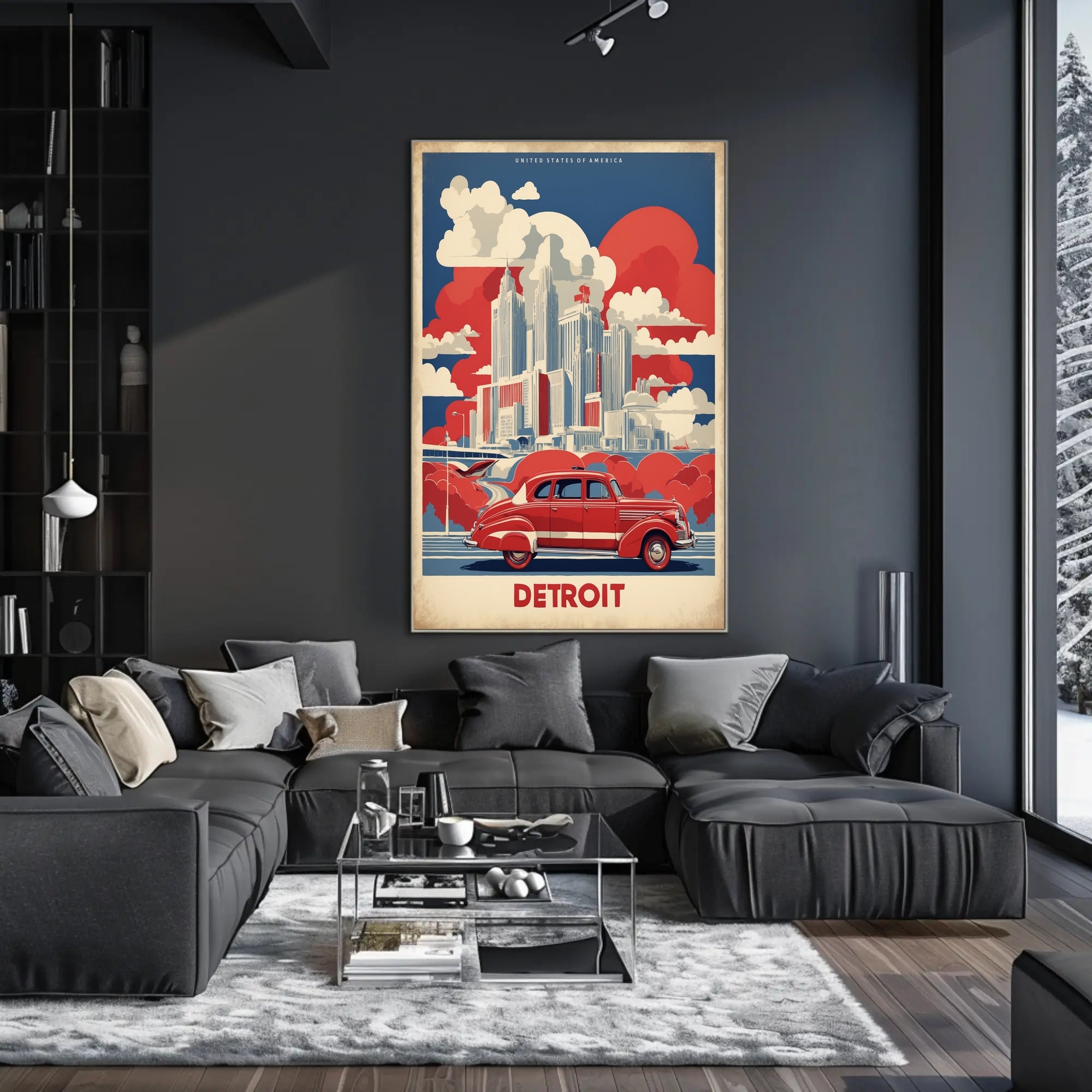 Detroit Skyline Retro Car Urban Cityscape Poster PosterGoat