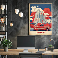 Detroit Skyline Retro Car Urban Cityscape Poster PosterGoat