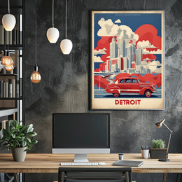 Detroit Skyline Retro Car Urban Cityscape Poster PosterGoat