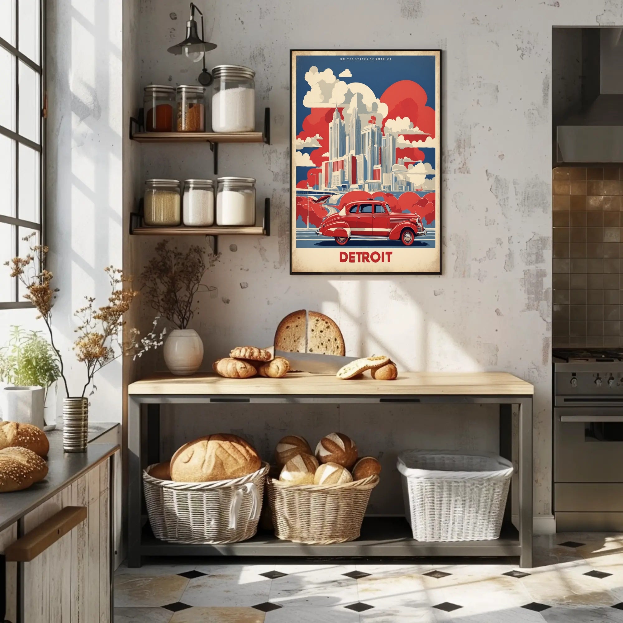 Detroit Skyline Retro Car Urban Cityscape Poster PosterGoat