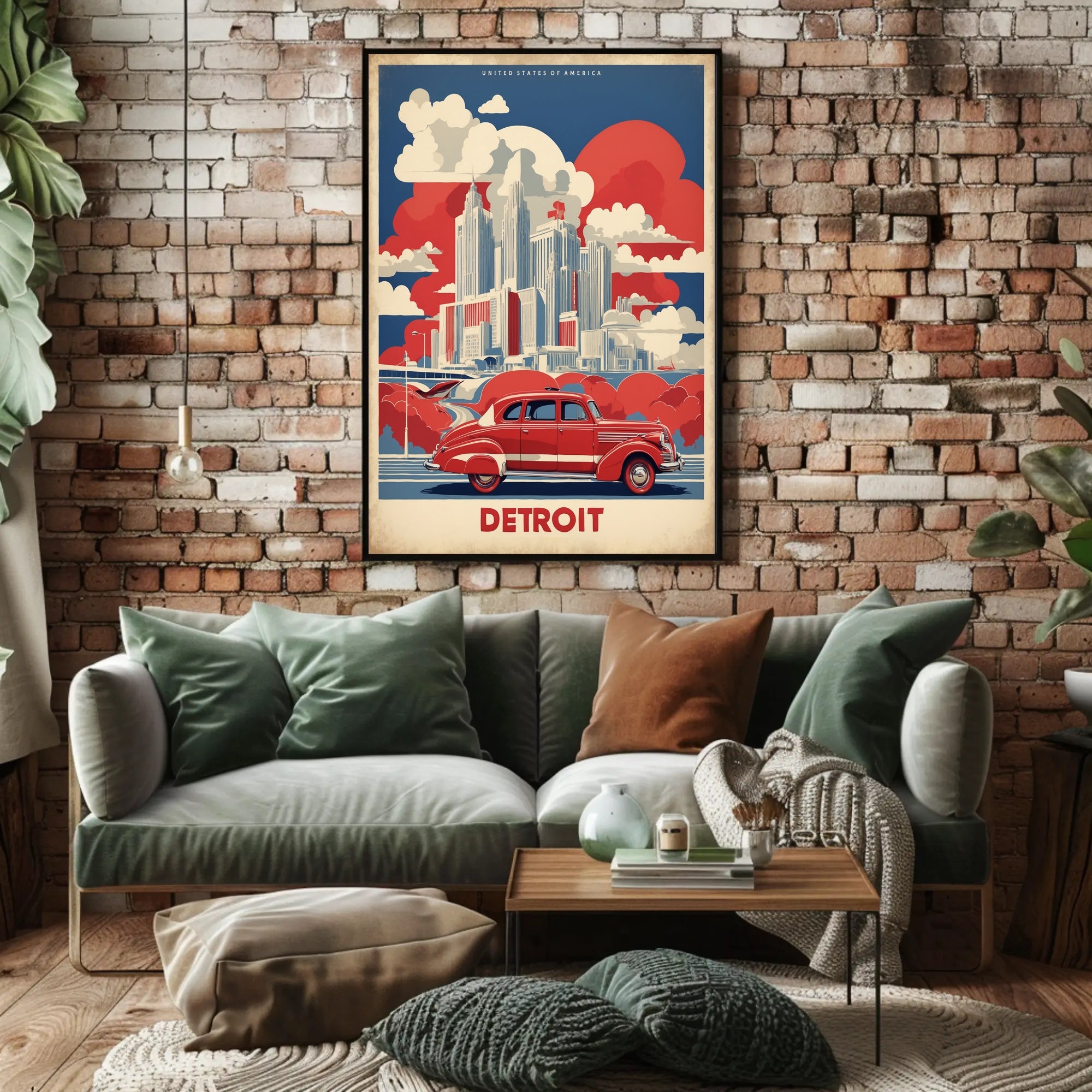 Detroit Skyline Retro Car Urban Cityscape Poster PosterGoat