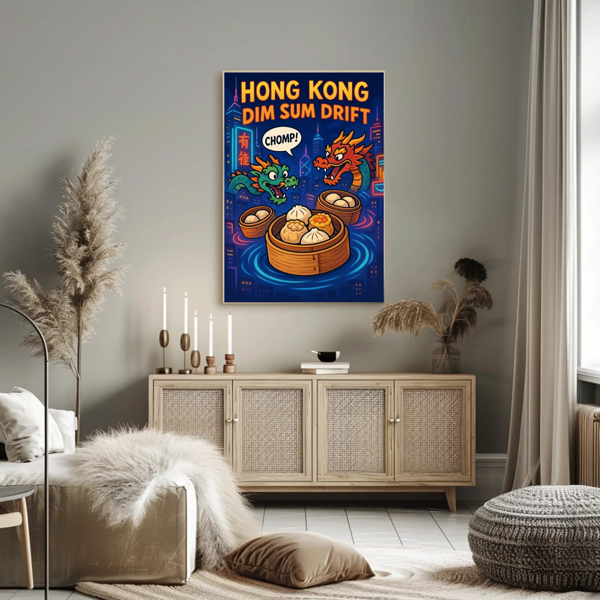 Dim Sum Drift Dragons: Colorful Hong Kong Travel Poster PosterGoat