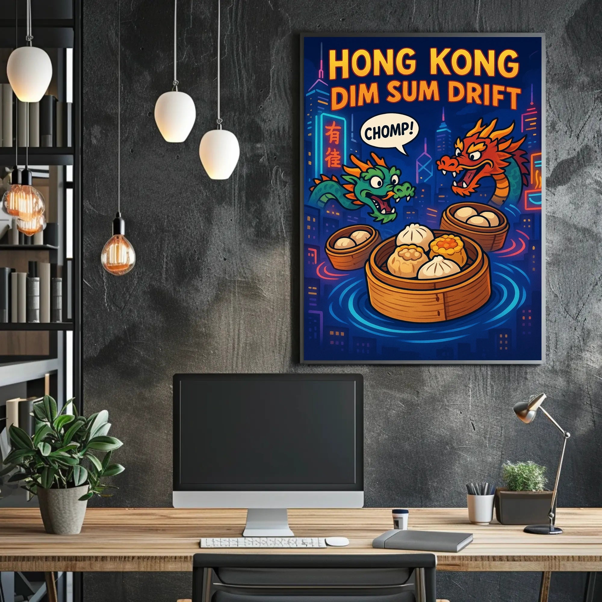 Dim Sum Drift Dragons: Colorful Hong Kong Travel Poster PosterGoat