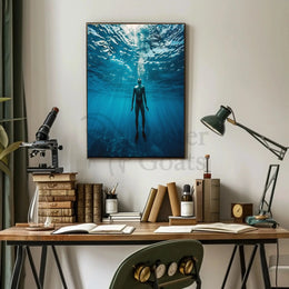 Diver's Solitude Underwater Scene - Abstract, Artistic Poster PosterGoat