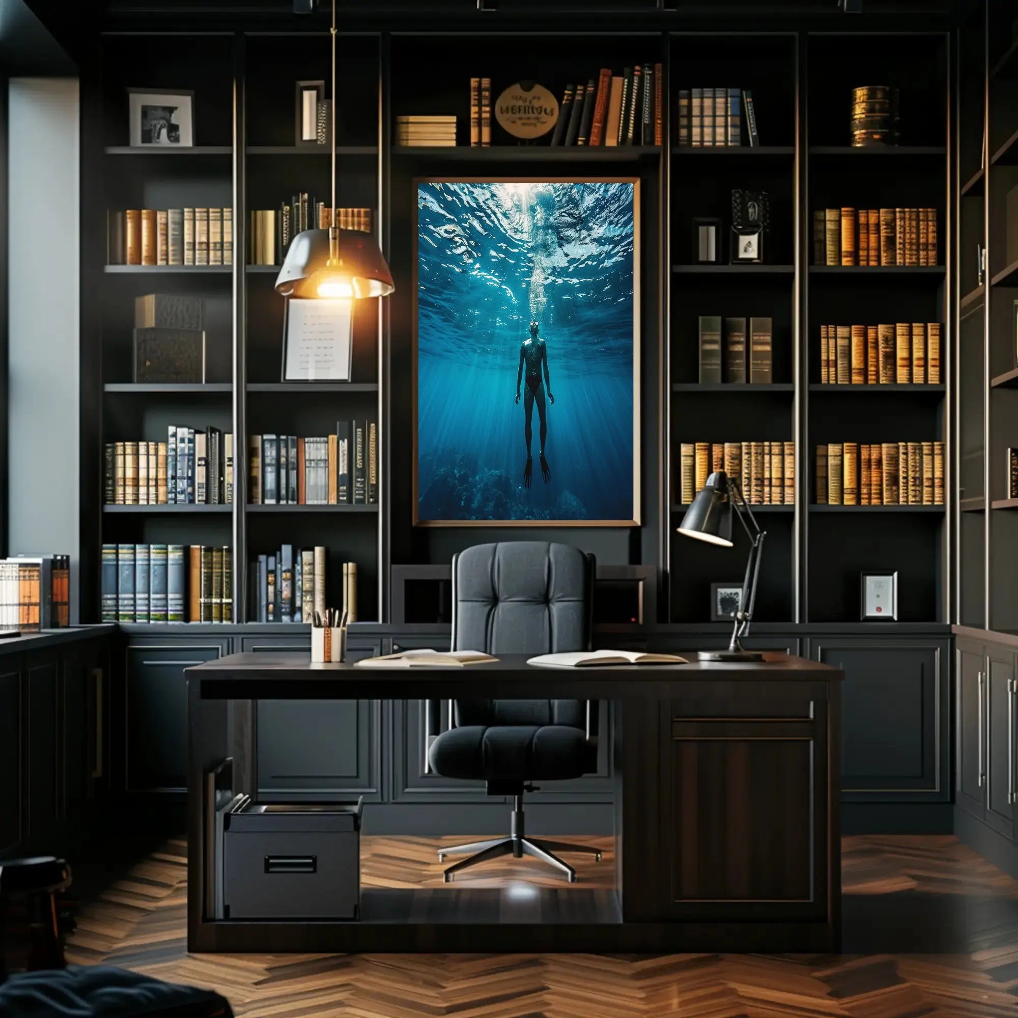 Diver's Solitude Underwater Scene - Abstract, Artistic Poster PosterGoat