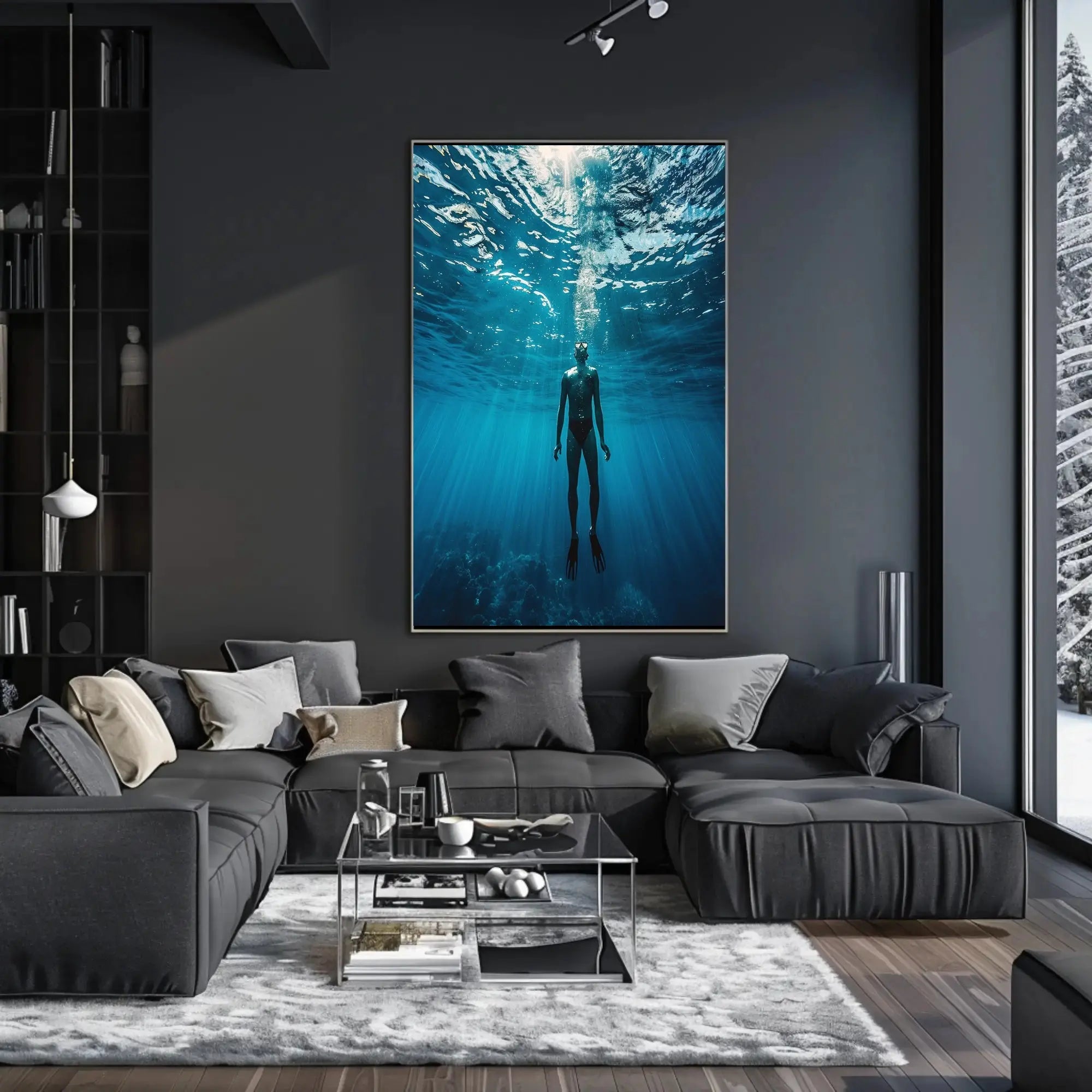 Diver's Solitude Underwater Scene - Abstract, Artistic Poster PosterGoat