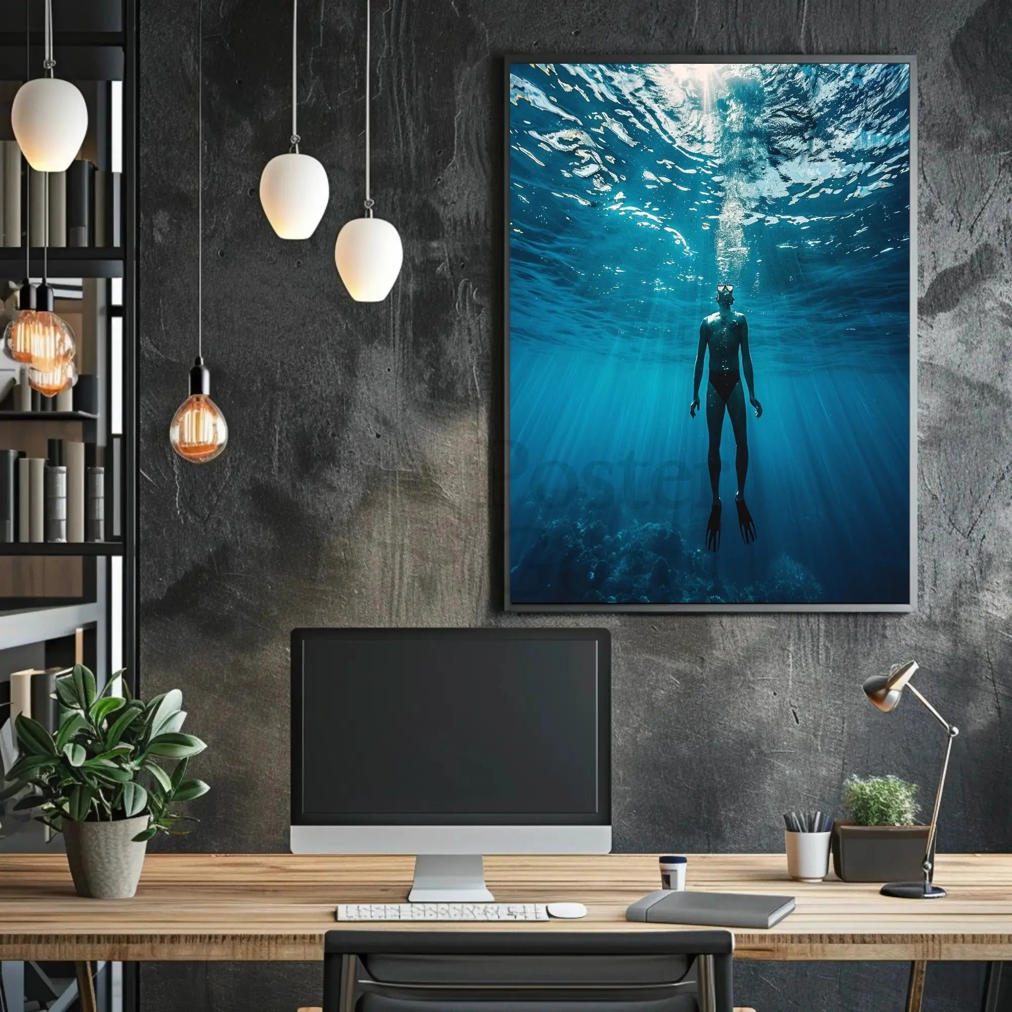 Diver's Solitude Underwater Scene - Abstract, Artistic Poster PosterGoat