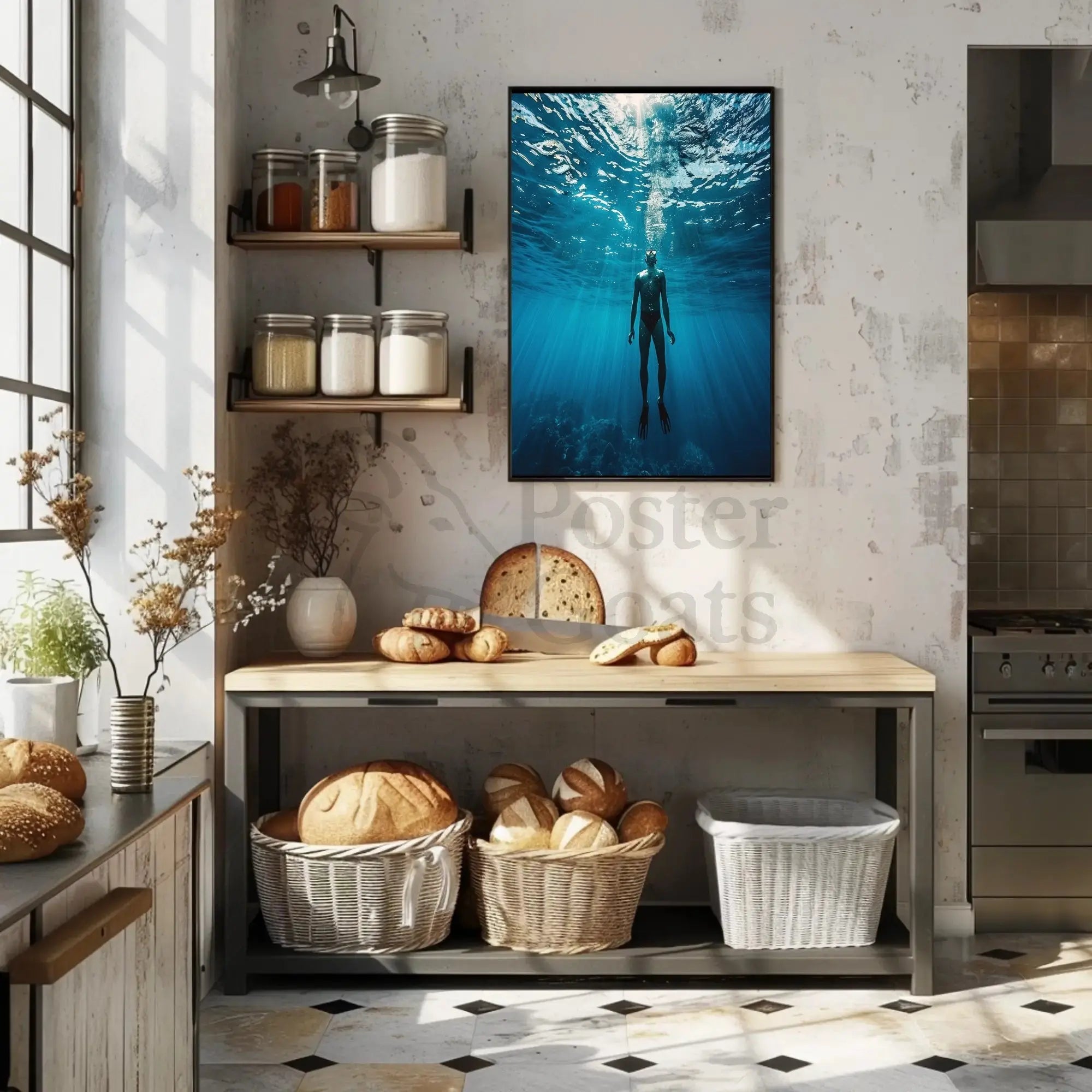 Diver's Solitude Underwater Scene - Abstract, Artistic Poster PosterGoat