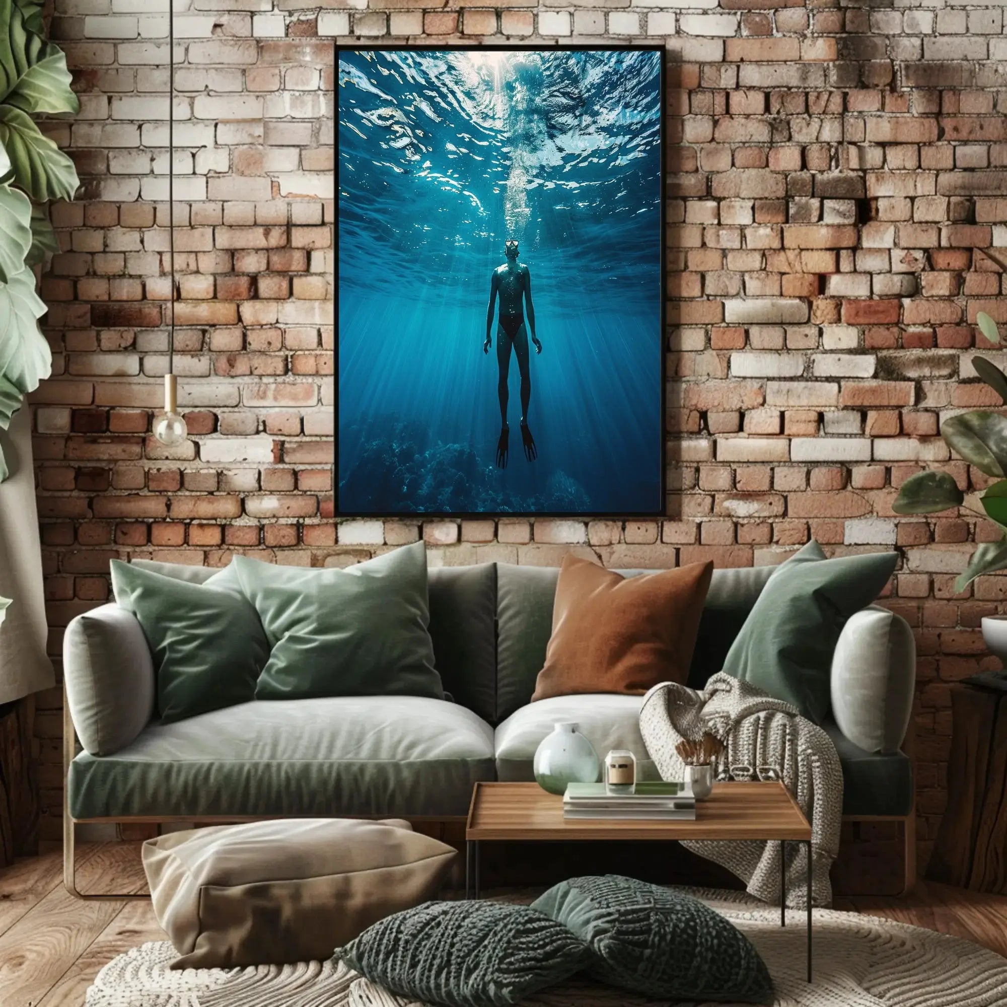 Diver's Solitude Underwater Scene - Abstract, Artistic Poster PosterGoat