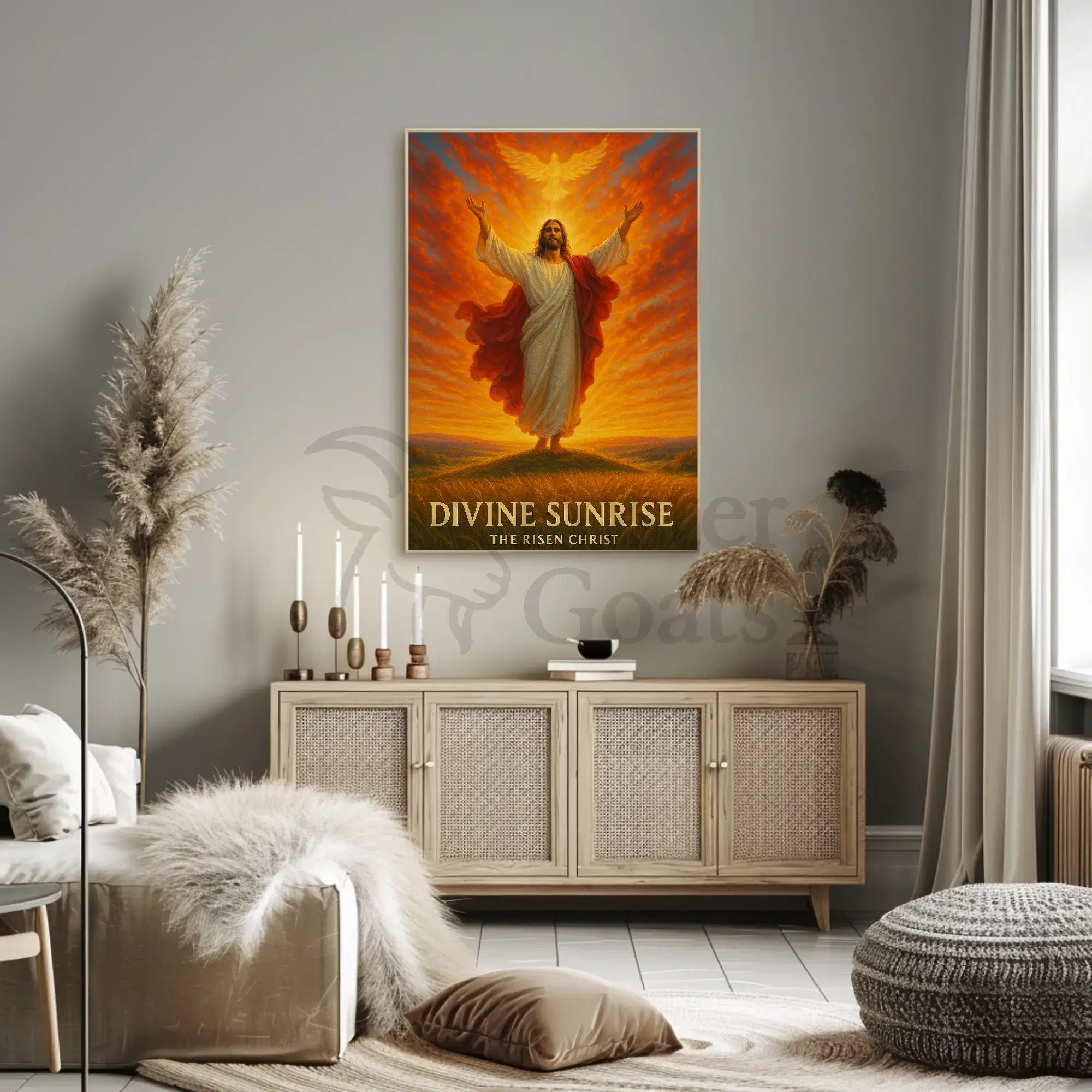 Divine Sunrise: Risen Christ Religious Artistic Poster PosterGoat