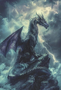 Dragon Amidst Stormy Cliff: Fantasy Art Poster PosterGoat