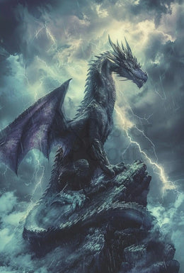Dragon Amidst Stormy Cliff: Fantasy Art Poster PosterGoat