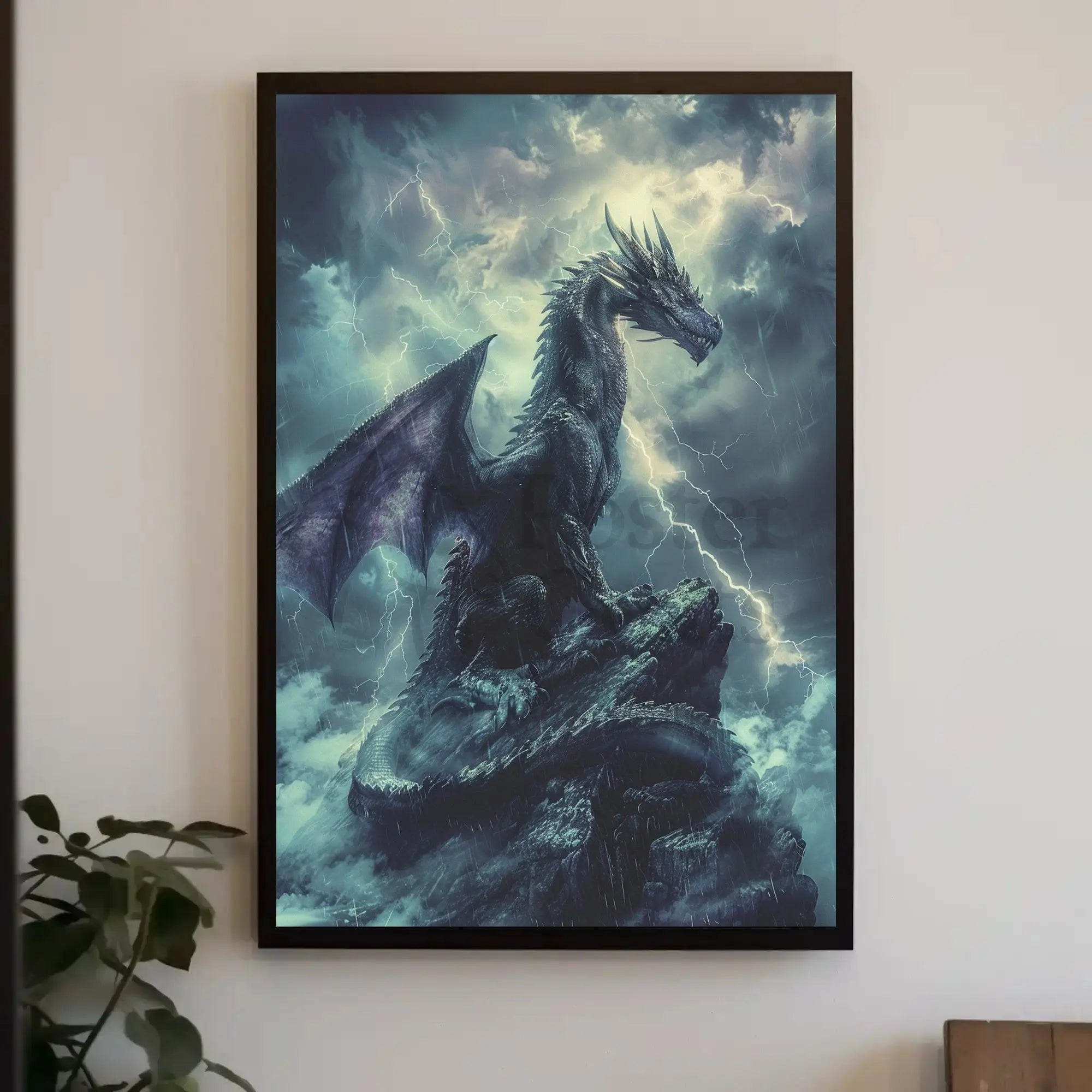 Dragon Amidst Stormy Cliff: Fantasy Art Poster PosterGoat