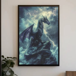 Dragon Amidst Stormy Cliff: Fantasy Art Poster PosterGoat