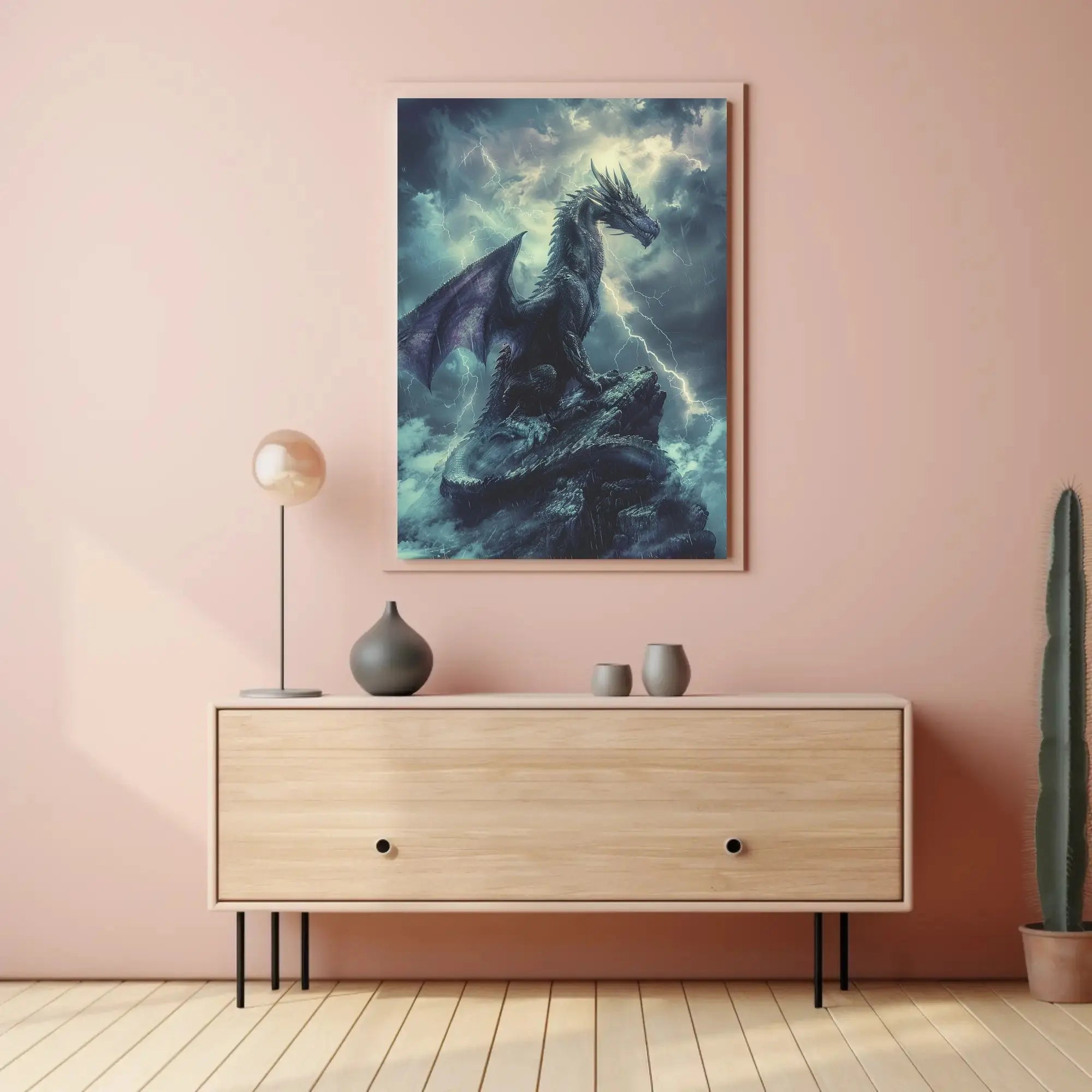 Dragon Amidst Stormy Cliff: Fantasy Art Poster PosterGoat