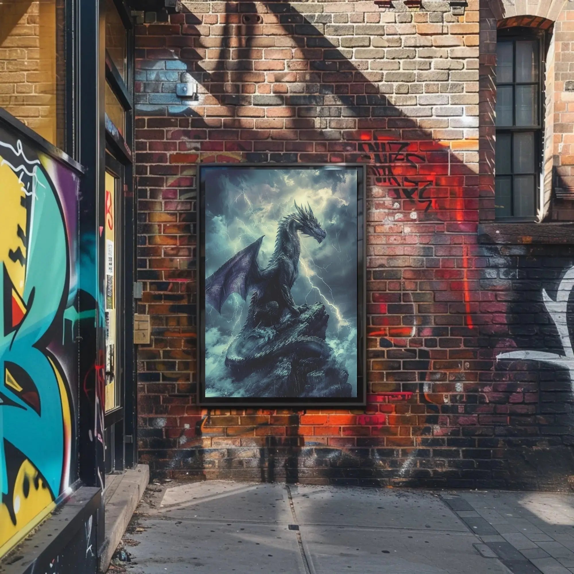 Dragon Amidst Stormy Cliff: Fantasy Art Poster PosterGoat