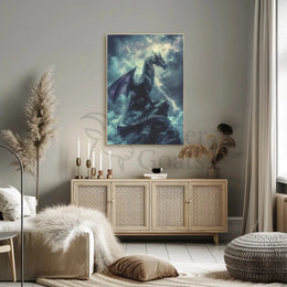 Dragon Amidst Stormy Cliff: Fantasy Art Poster PosterGoat