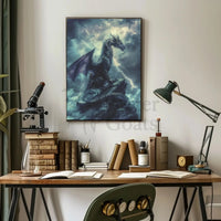 Dragon Amidst Stormy Cliff: Fantasy Art Poster PosterGoat