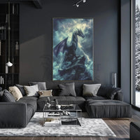 Dragon Amidst Stormy Cliff: Fantasy Art Poster PosterGoat