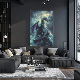 Dragon Amidst Stormy Cliff: Fantasy Art Poster PosterGoat