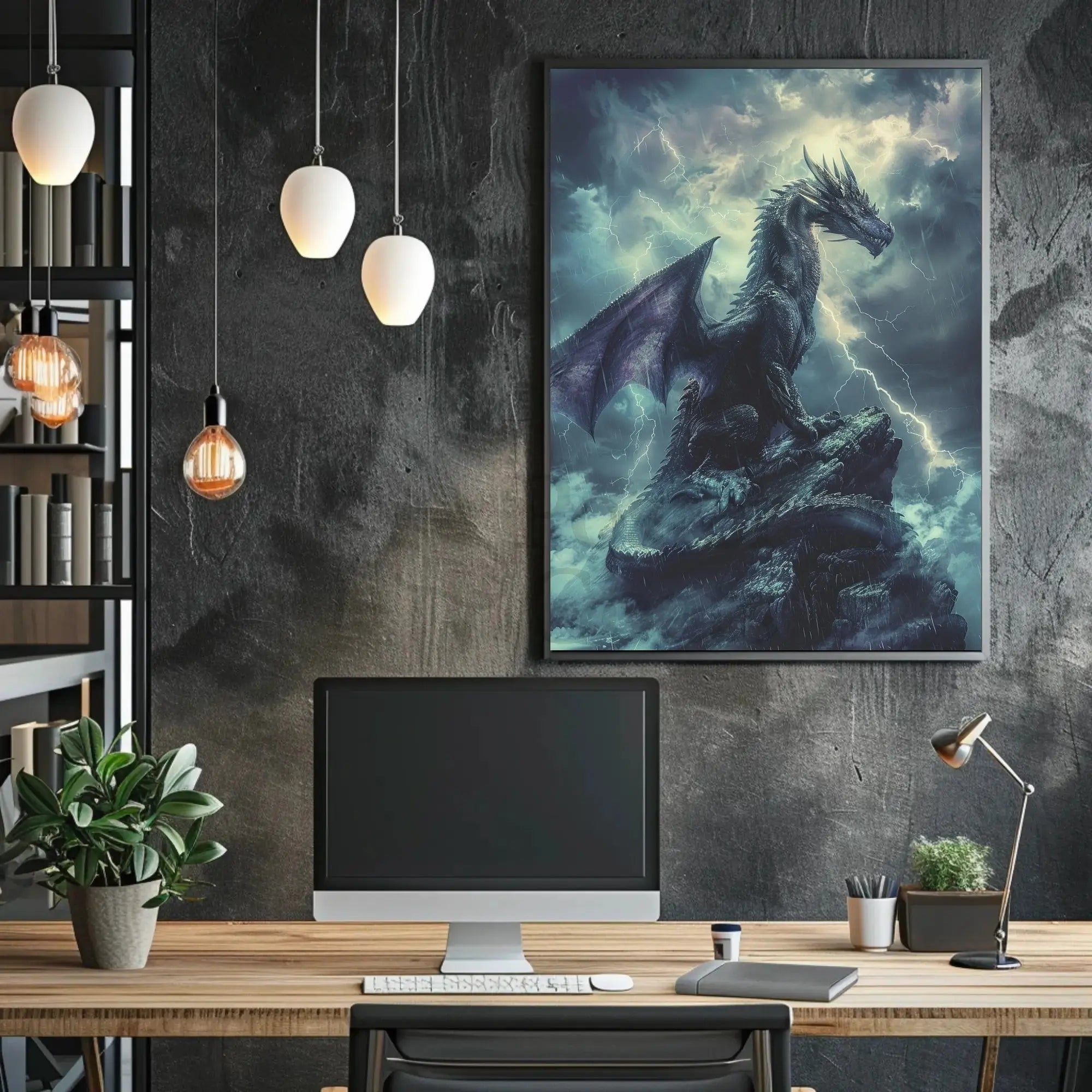 Dragon Amidst Stormy Cliff: Fantasy Art Poster PosterGoat