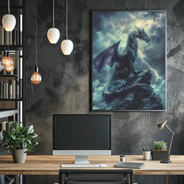 Dragon Amidst Stormy Cliff: Fantasy Art Poster PosterGoat
