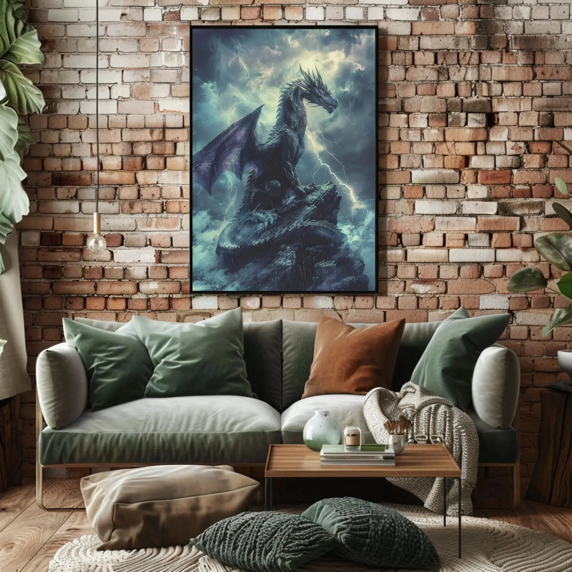 Dragon Amidst Stormy Cliff: Fantasy Art Poster PosterGoat