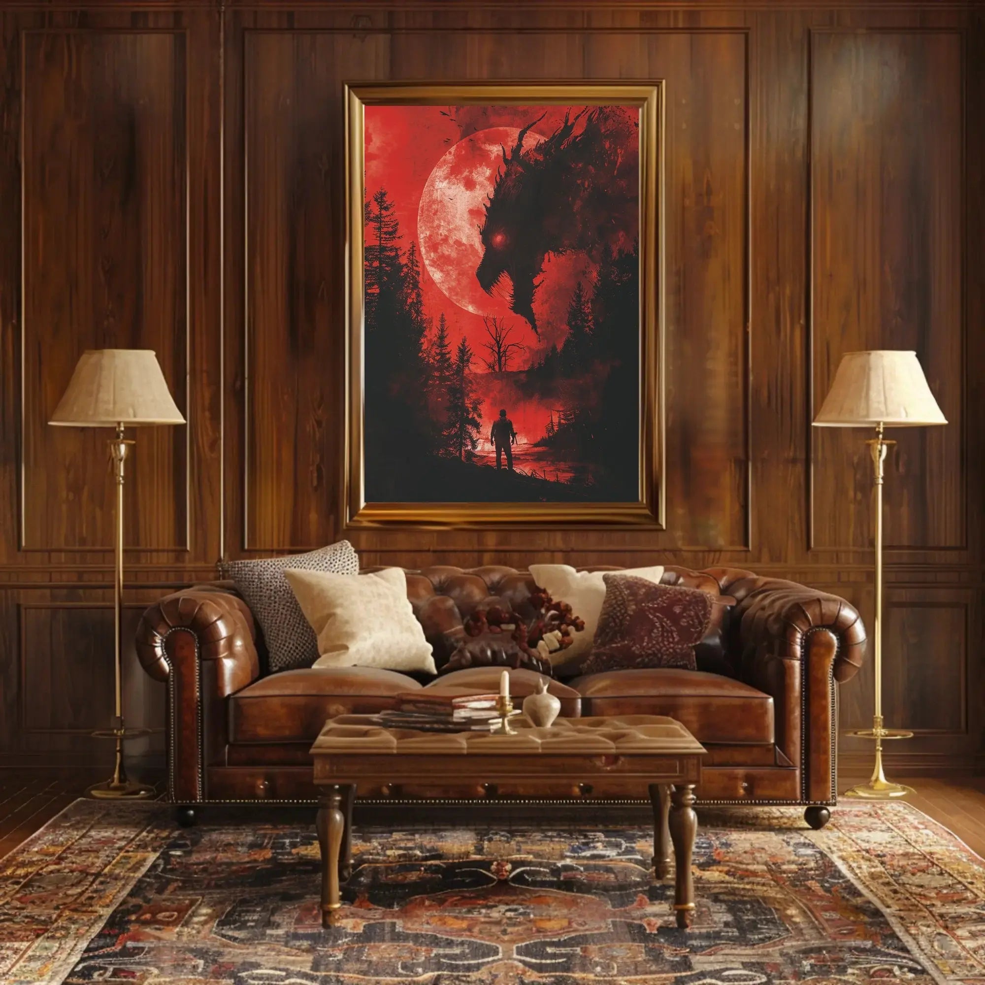 Dramatic Confrontation Under Red Moon Futuristic Sci-Fi Poster PosterGoat