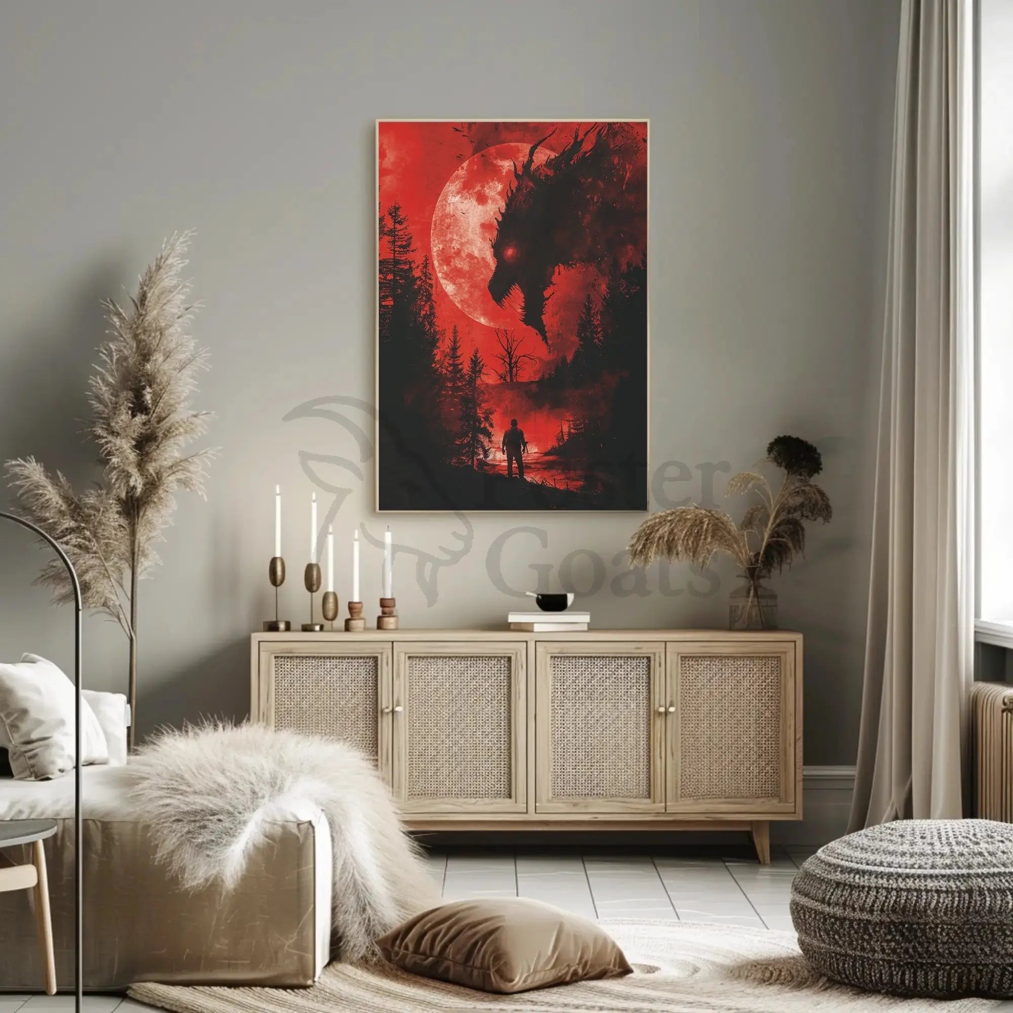 Dramatic Confrontation Under Red Moon Futuristic Sci-Fi Poster PosterGoat
