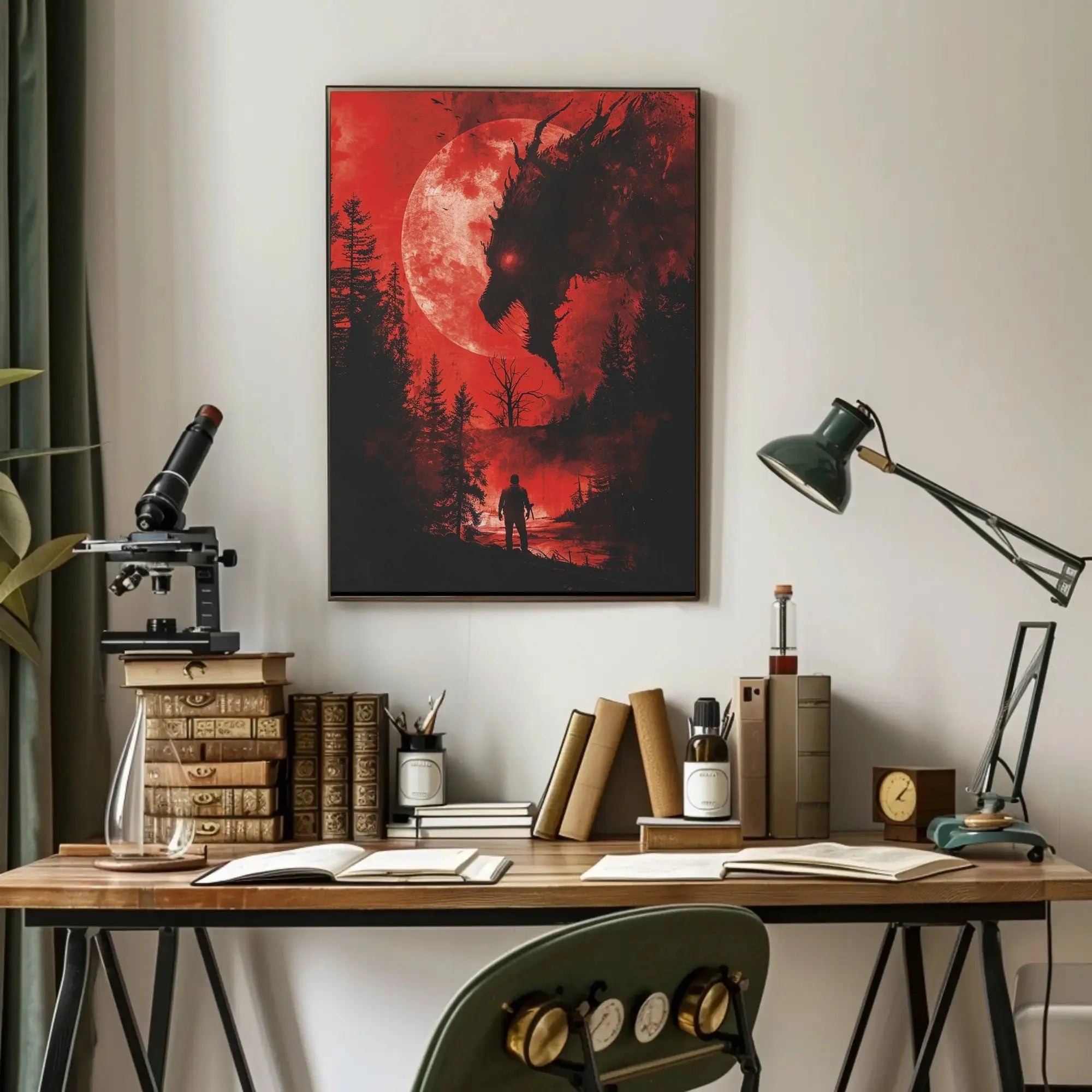 Dramatic Confrontation Under Red Moon Futuristic Sci-Fi Poster PosterGoat
