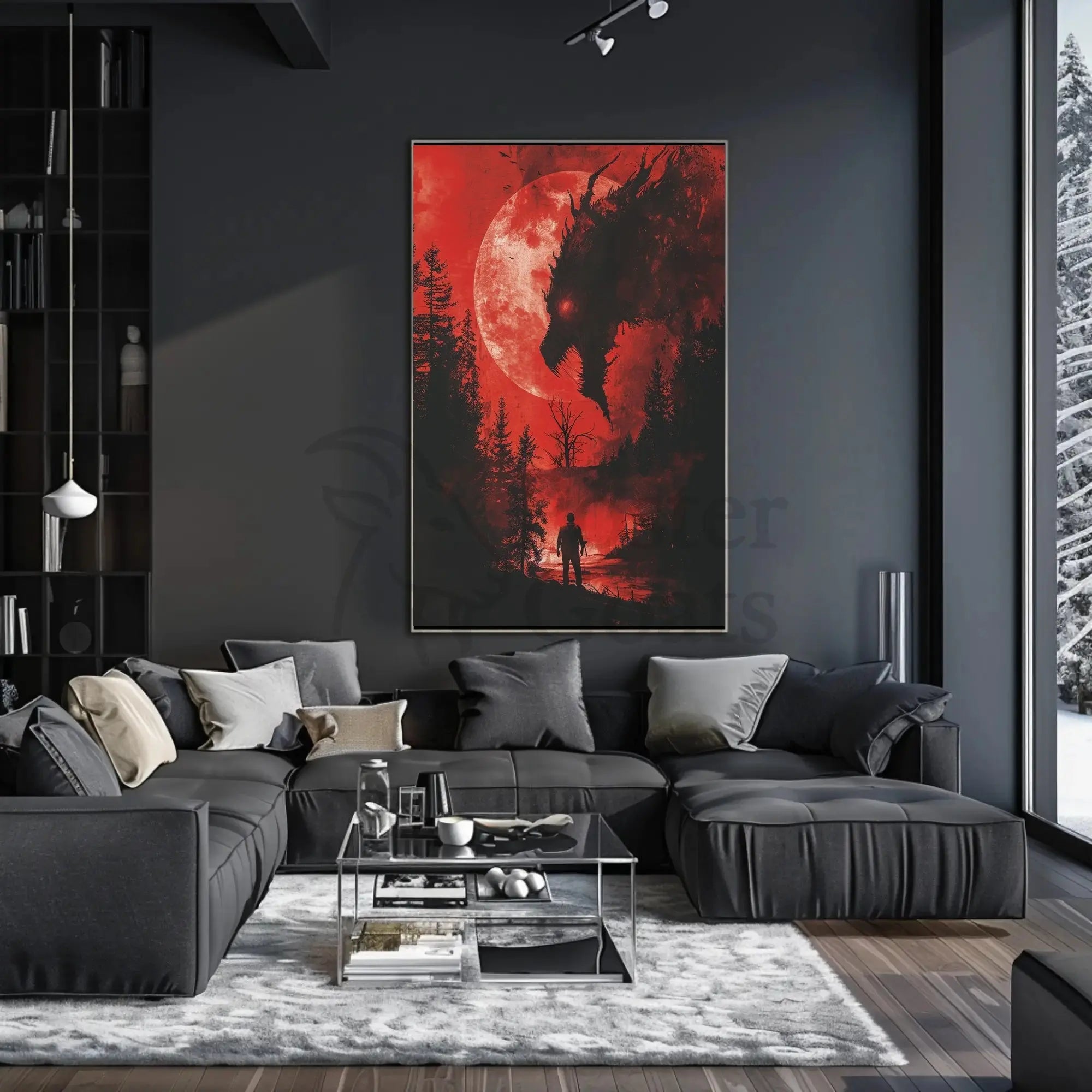 Dramatic Confrontation Under Red Moon Futuristic Sci-Fi Poster PosterGoat