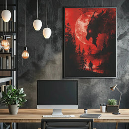 Dramatic Confrontation Under Red Moon Futuristic Sci-Fi Poster PosterGoat