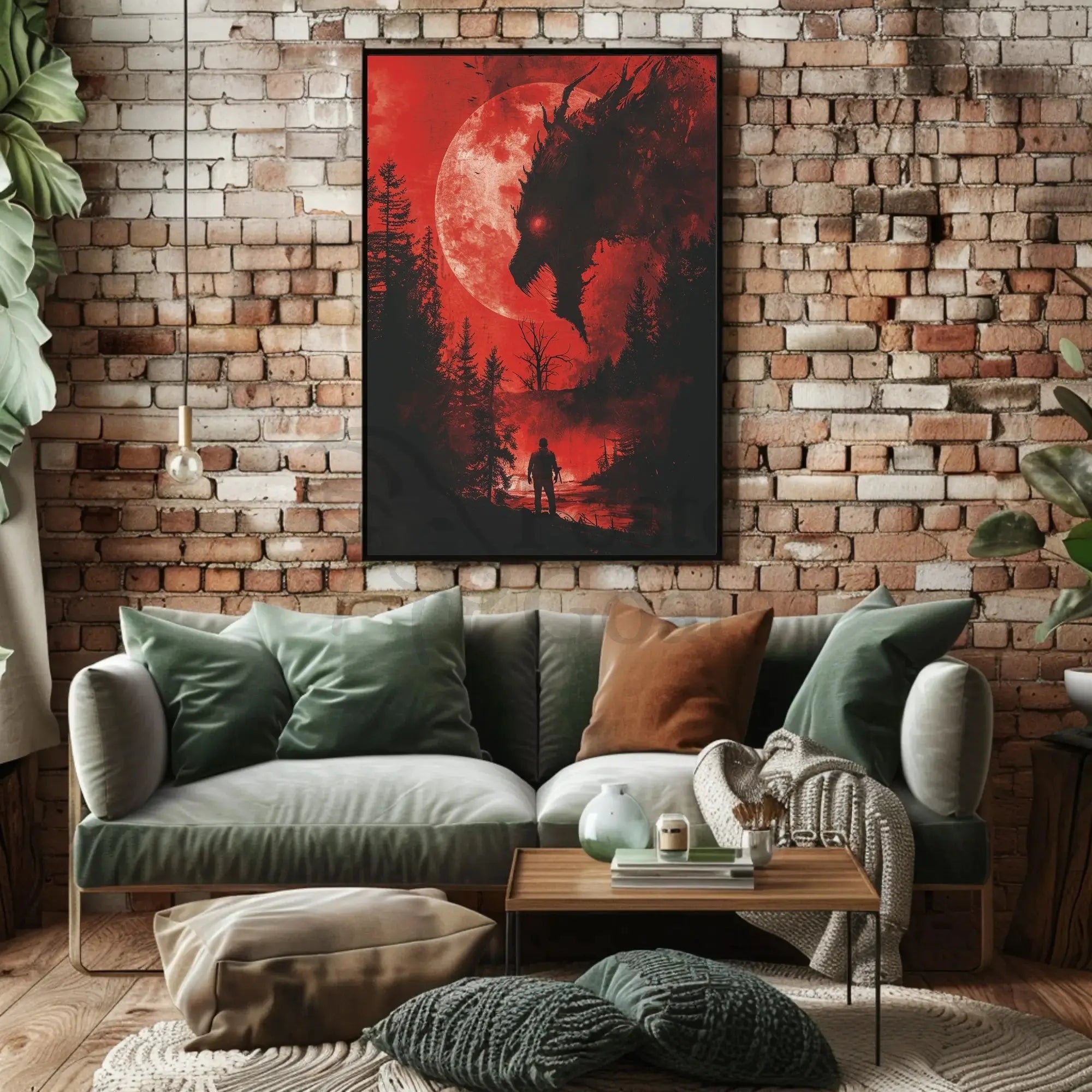 Dramatic Confrontation Under Red Moon Futuristic Sci-Fi Poster PosterGoat