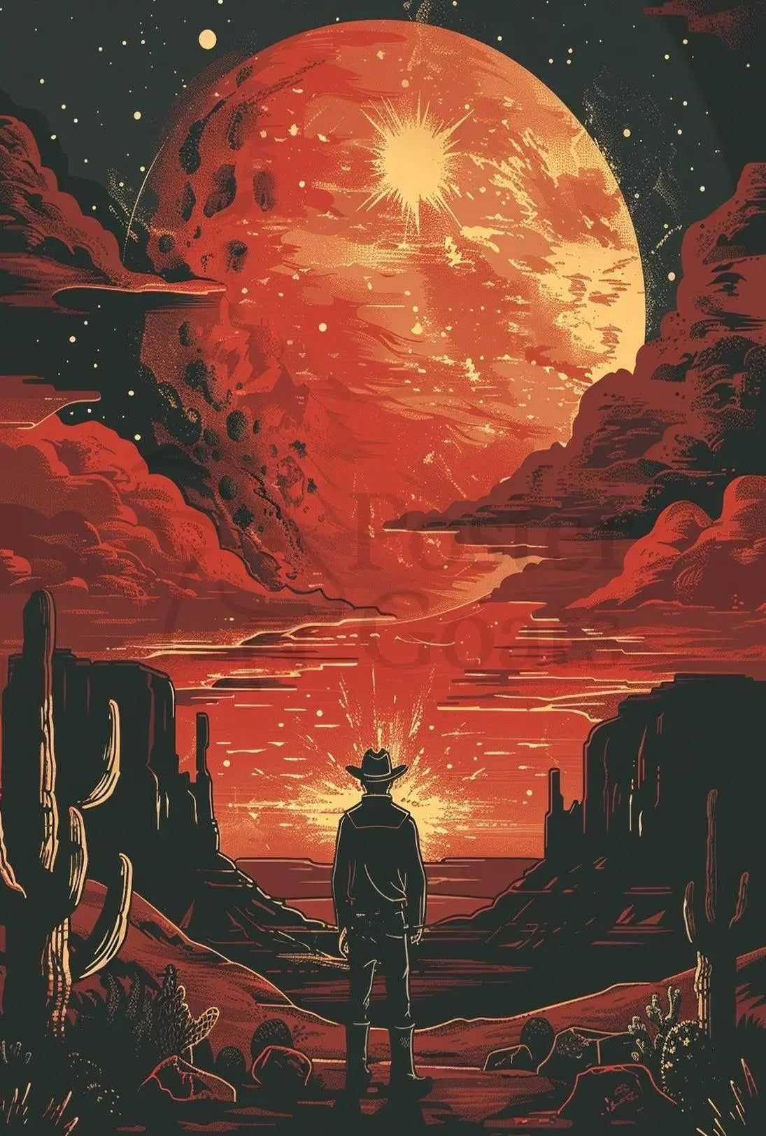 Dramatic Cowboy Adventure Poster in Futuristic Sci-Fi Style PosterGoat
