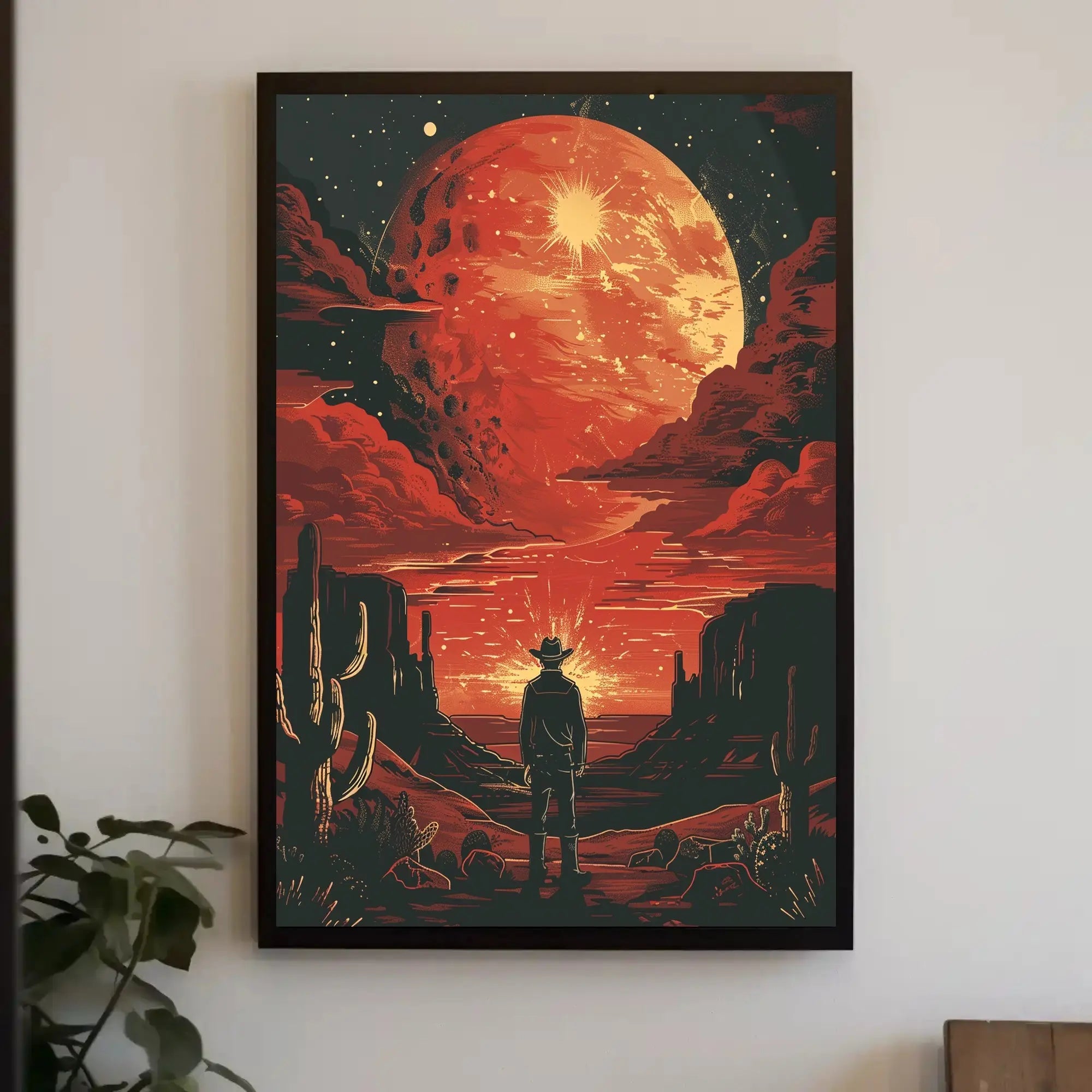 Dramatic Cowboy Adventure Poster in Futuristic Sci-Fi Style PosterGoat