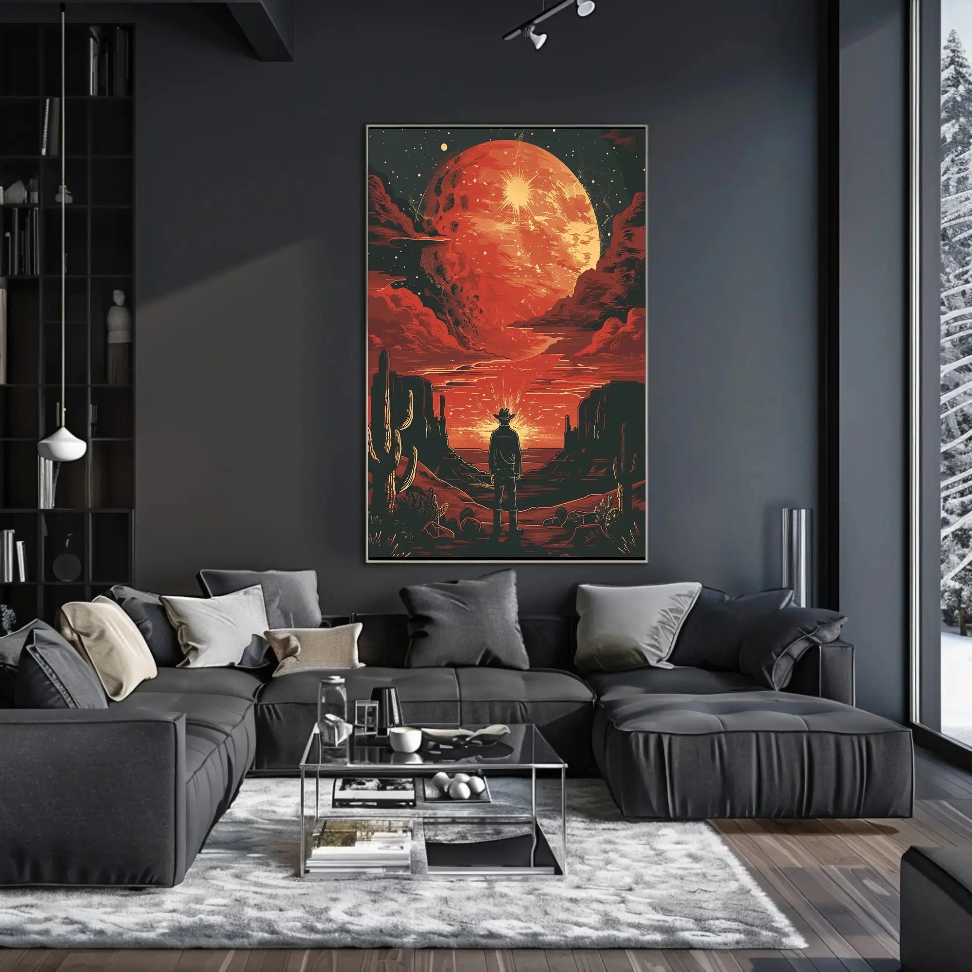 Dramatic Cowboy Adventure Poster in Futuristic Sci-Fi Style PosterGoat