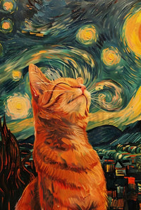 Dreamy Cat Amidst Starry Sky Artistic Poster PosterGoat