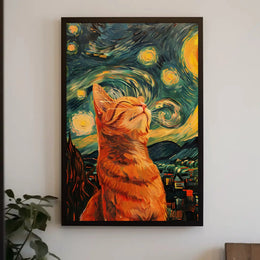 Dreamy Cat Amidst Starry Sky Artistic Poster PosterGoat