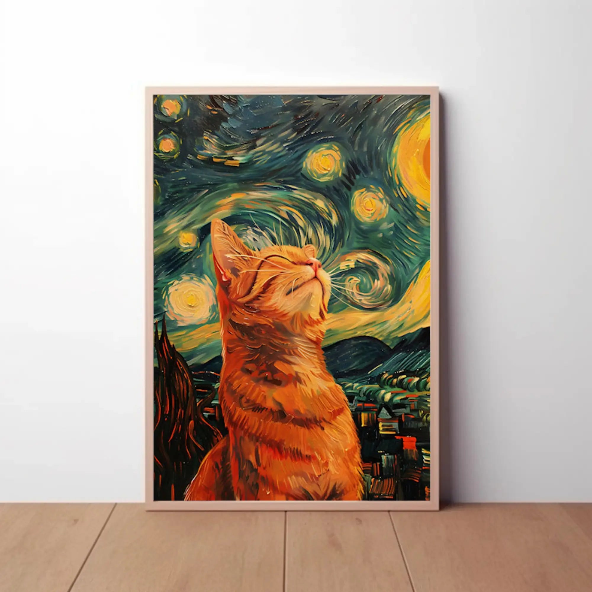 Dreamy Cat Amidst Starry Sky Artistic Poster PosterGoat