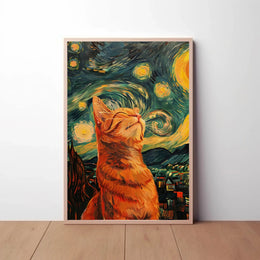Dreamy Cat Amidst Starry Sky Artistic Poster PosterGoat