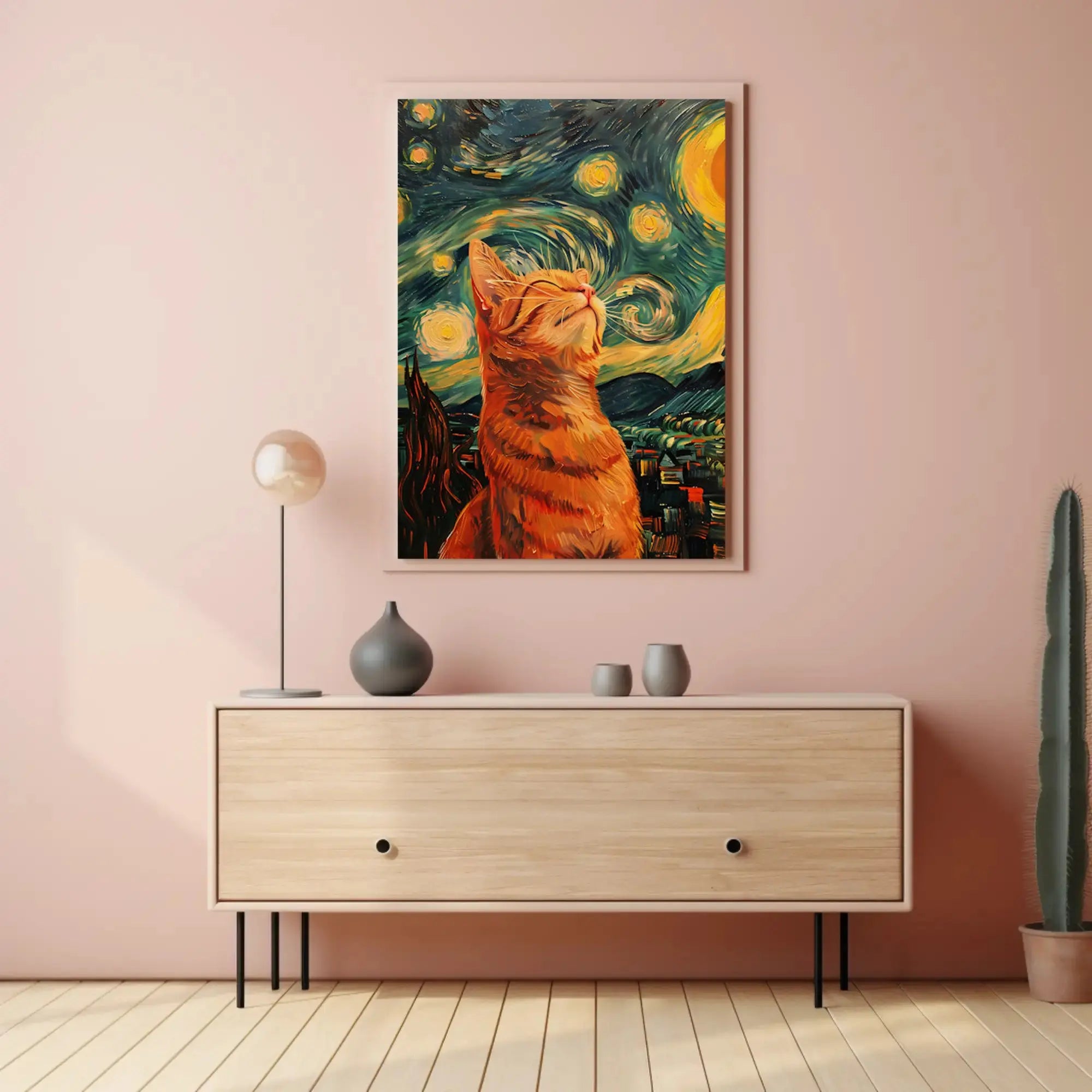 Dreamy Cat Amidst Starry Sky Artistic Poster PosterGoat