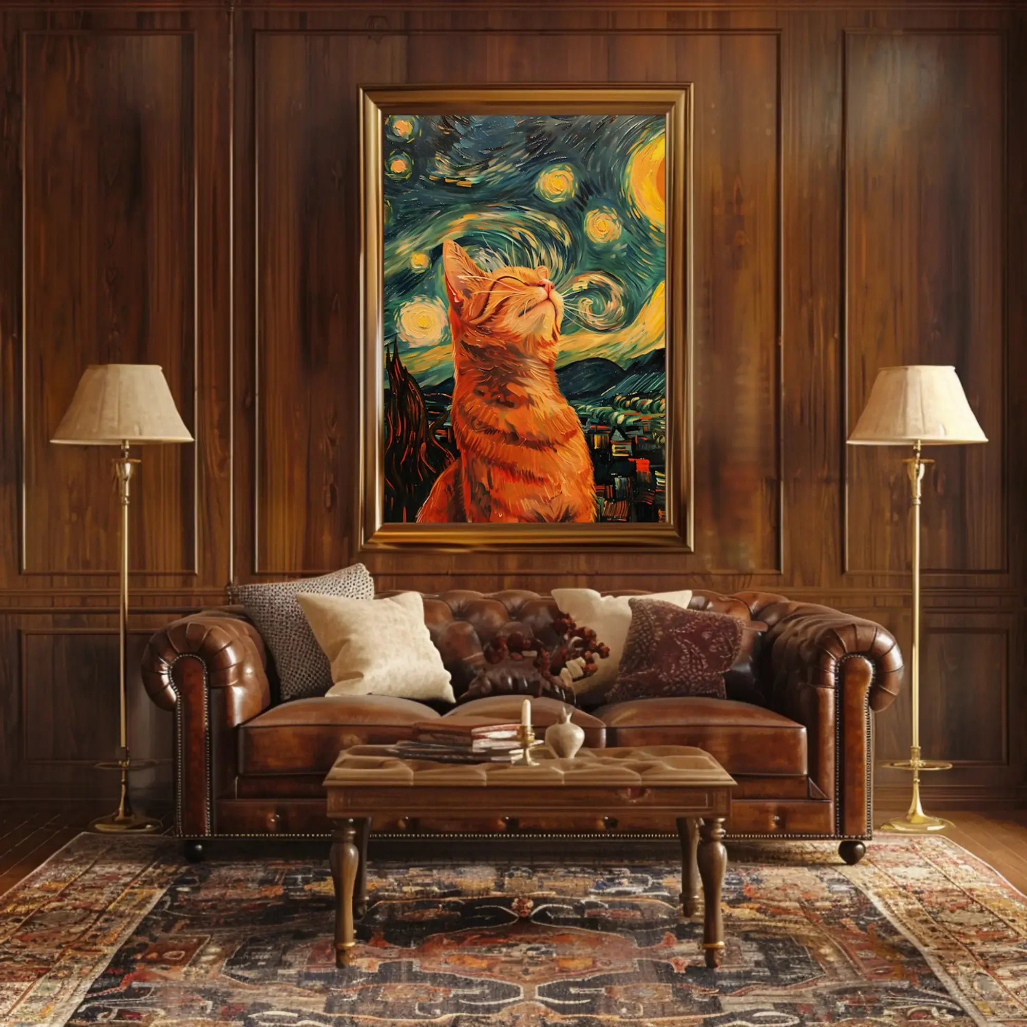 Dreamy Cat Amidst Starry Sky Artistic Poster PosterGoat