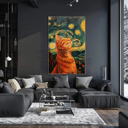 Dreamy Cat Amidst Starry Sky Artistic Poster PosterGoat