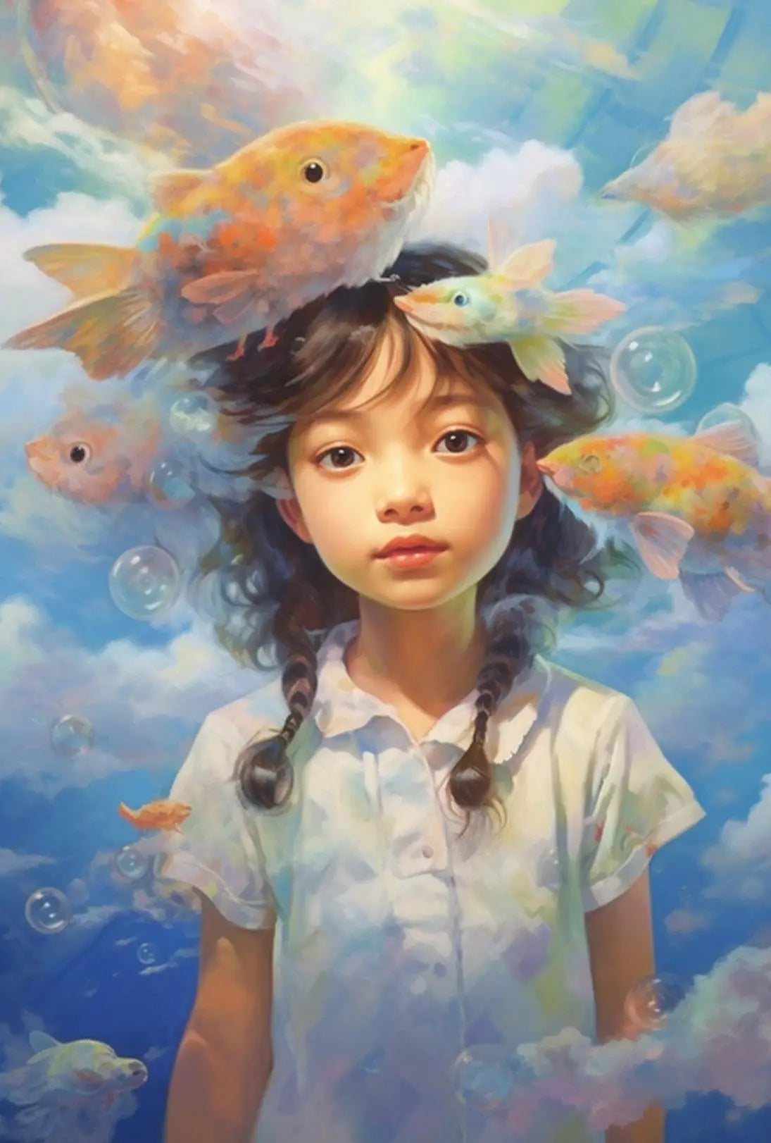 Dreamy Fish & Girl Fantasy Landscape Artistic Poster PosterGoat