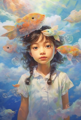 Dreamy Fish & Girl Fantasy Landscape Artistic Poster PosterGoat