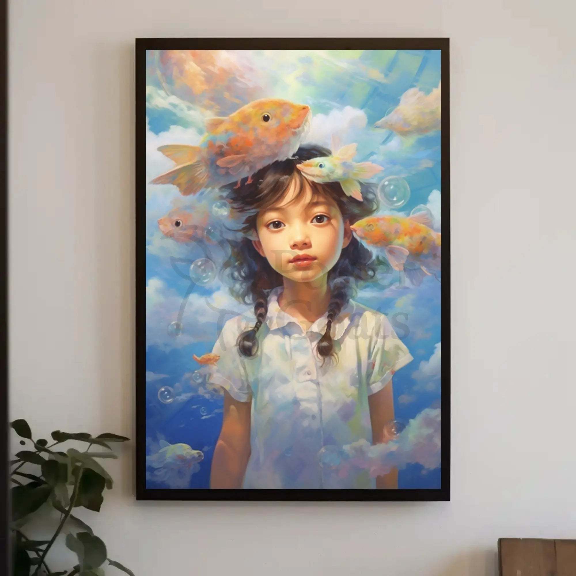 Dreamy Fish & Girl Fantasy Landscape Artistic Poster PosterGoat