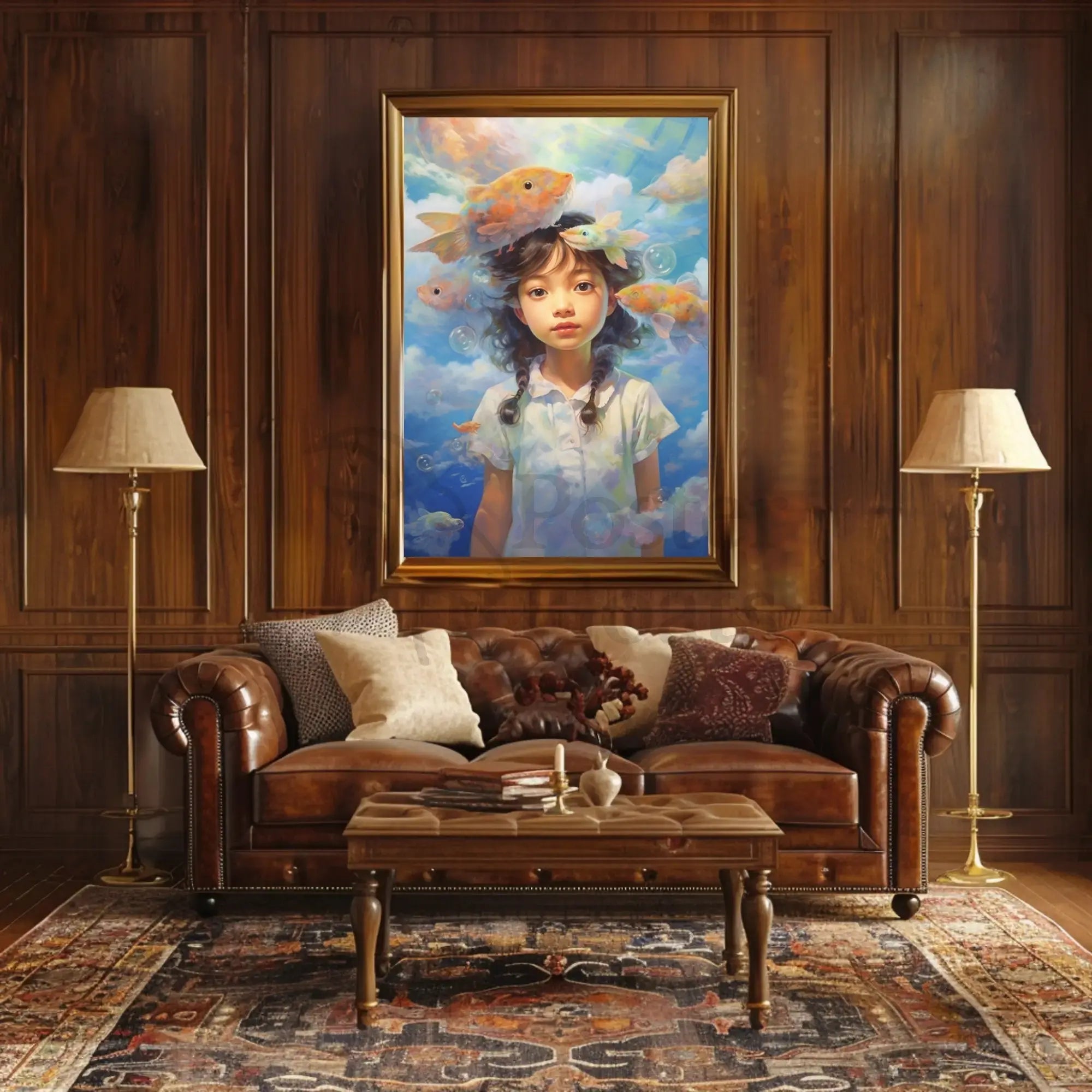 Dreamy Fish & Girl Fantasy Landscape Artistic Poster PosterGoat