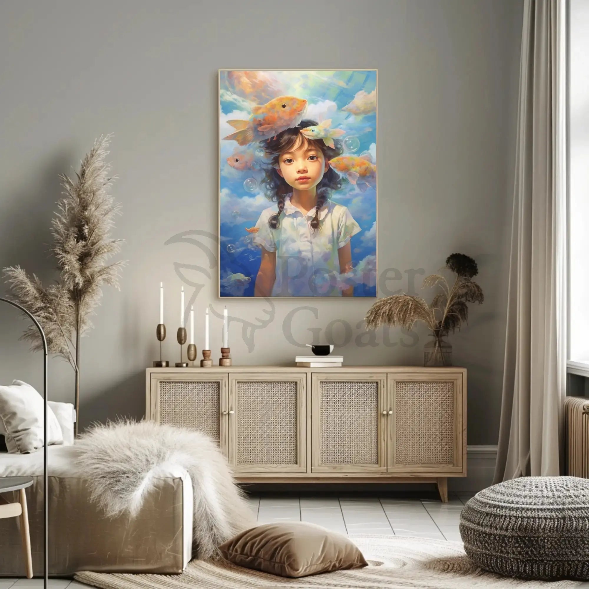 Dreamy Fish & Girl Fantasy Landscape Artistic Poster PosterGoat